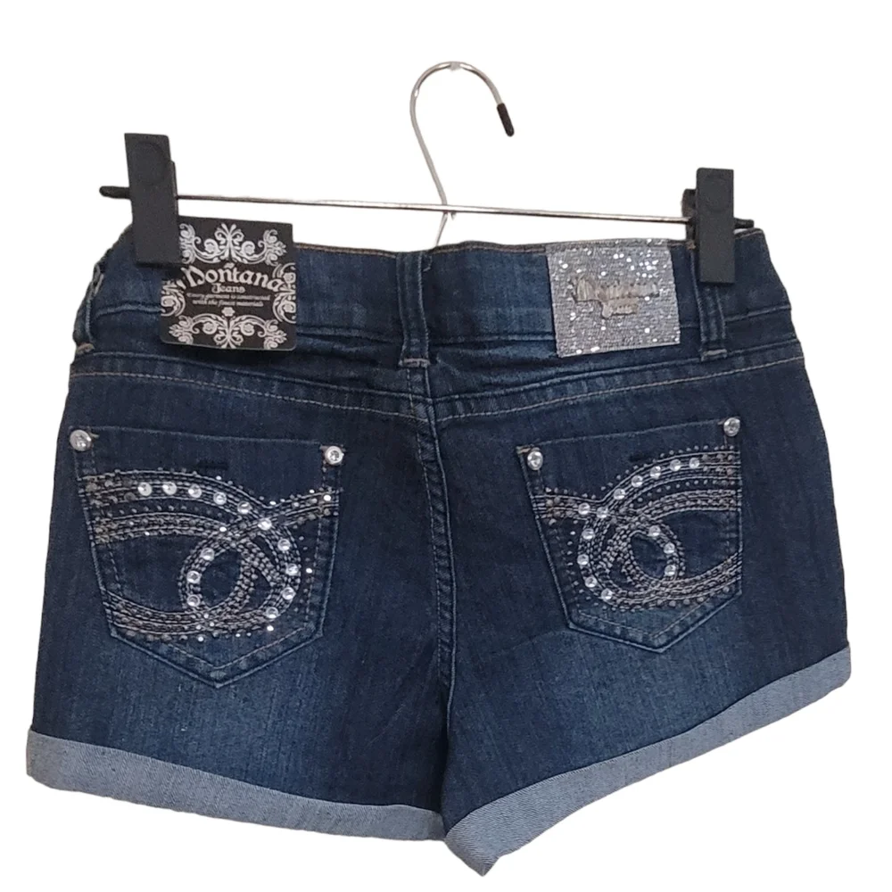 ❤️ MONTANA JEANS SHORTS LOW WAIST EMBELLISHED RHINESTONE.SIZE: 5/6 COLOR:  BLUE - Picture 3 of 14